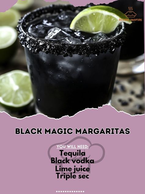 🖤 "Black Magic Margaritas are a spellbinding mix of dark and delicious. Perfect for adding a touch of mystery to your night!" 🍸🖤 #BlackMagicMargaritas #SpookySips Black Magic Margaritas Ingredients: Tequila (1.5 oz) Black vodka (0.5 oz) Lime juice (1 oz) Triple sec (0.5 oz) Simple syrup (0.5 oz) Ice (as needed) Black salt (for rimming) Instructions: Rim the glass with black salt. Shake tequila, black vodka, lime juice, triple sec, and simple syrup with ice. Strain into the prepared glass.... Black Vodka Drinks, Halloween Drink With Tequila, Florida Cocktails, Black Magic Margarita, Black Halloween Drinks Alcohol, Spooky Drinks With Tequila, Black Margarita Recipe Halloween, Halloweekend Party, Black Magic Drink Cocktails