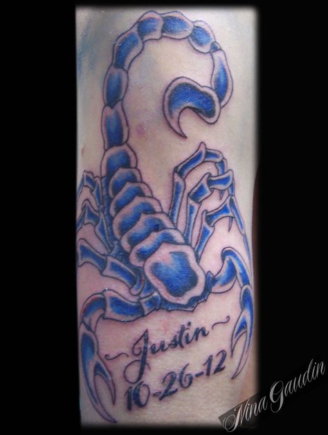 Blue scorpion with name and date color arm - Tattoo by Nina Gaudin of 12th Avenue Tattoo in Nampa, Idaho Blue Scorpion Tattoo, Scorpion Tattoo Color, Scorpion Arm Tattoos For Women, Color Scorpion Tattoo, Two Scorpions Tattoo, Scorpio Tattoo, Scorpion Tattoo, Name Tattoos, Tattoo Work