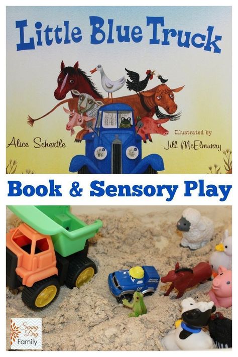 Sensory play activity for toddlers and preschoolers featuring the book Little Blue Truck. Play Activity For Preschoolers, Truck Activities, Farm Sensory, Farm Week, Farm Lessons, Farm Theme Preschool, Little Blue Truck, Transportation Unit, Activity For Preschoolers