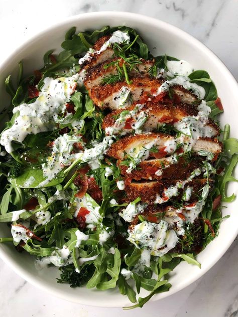 Panko-Parmesan Chicken Cutlets with Homemade Ranch and Crispy Prosciutto - Sara Tane Modern Market Copycat Recipes, Toasted Pistachios, Butter Scallops, Inflammatory Meals, Rosemary Honey, Springtime Recipes, Crispy Prosciutto, Amazing Meals, Sprout Salad