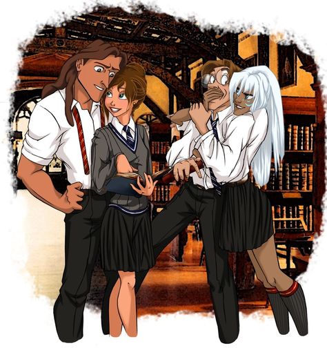 Tarzan, Jane, Milo, and Kida. | 26 Disney Characters Reimagined As Hogwarts Students Disney Characters Reimagined, Milo And Kida, Fan Art Disney, Kida Disney, Disney Hogwarts, Art Harry Potter, Princesas Disney Anime, Tarzan And Jane, Atlantis The Lost Empire