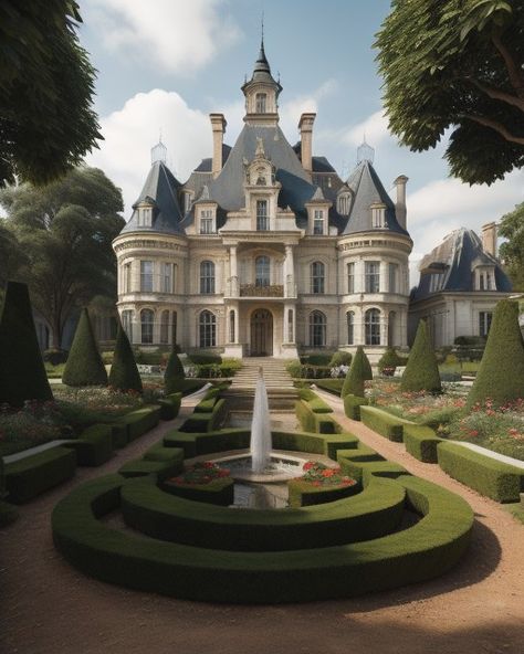 French Chateau Style Homes Exterior, Neoclassical House Layout, Small Castle Exterior, Modern Day Castle, Castle Front Yard, House Castle Style, French Manor Exterior, Houses That Look Like Castles, Castle Looking Houses