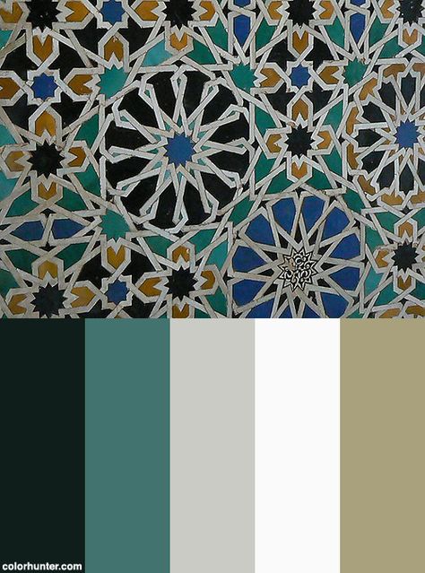 Alhambra+Tiles+15+Color+Scheme Alhambra Tiles, Moroccan Color Palette, Arabian Pattern, Arabic Colors, Moroccan Colors, Color Palette Interior Design, Islamic Geometry, Islamic Patterns, Interior Design Color