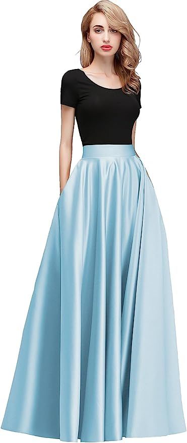 honey qiao Women's Fashion Long Skirt Formal Satin A-Line Skirt High Waist at Amazon Women’s Clothing store Pleated Skirt Outfit Wedding, Pleated Skirt Outfit Formal, Silver Pleated Skirt Outfit, Pleated Skirt Outfit Casual, Pleated Skirt Outfit Summer, Long Skirt Formal, Satin Skirts, Skirt Outfit Summer, Pleated Skirt Outfit