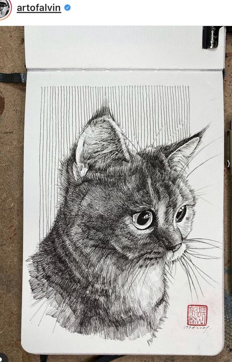 Alvin Chong Art, Alvin Chong, Cat Drawing Tutorial, Pen Art Work, Poppy Drawing, Pencil Drawings Of Animals, Micron Pen, Drawing Cat, So Satisfying