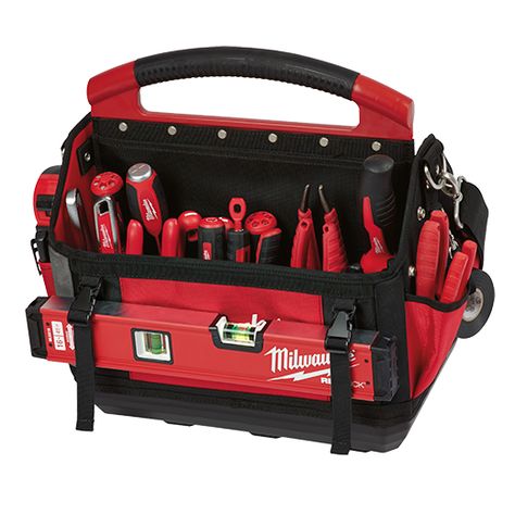 The Milwaukee PACKOUT™ 15 inch storage tote features 31 total pockets designed to organize and carry power tools, hand tools and accessories. Milwaukee Hand Tools, Milwaukee Tool Box, Milwaukee Packout, Tool Tote, Storage Tote, Milwaukee Tools, Electric Tools, Modular Storage, Media Storage