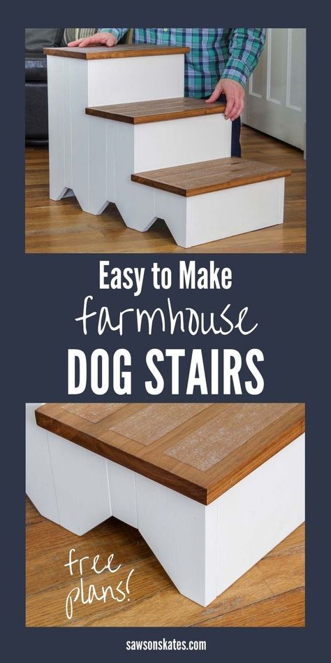 These DIY dog stairs are perfect for an aging pooch with joint problems or a small pup who needs an extra boost onto a couch or bed. The sides of the stairs have a simple, stepped design that gives this piece a subtle farmhouse feel. It’s an easy project to make with just a few basic tools. #sawsonskates Diy Dog Ladder For Bed, Wooden Dog Stairs, How To Build Dog Stairs, Pet Steps Diy, Diy Doggie Steps, Dog Stairs For Bed Diy How To Build, Dog Stairs For Bed Diy, Dog Steps For Bed Diy, Diy Dog Steps For Bed