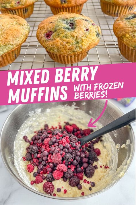 Frozen Berries Muffins, What To Do With Frozen Mixed Berries, Mixed Berry Muffins Fresh Berries, Mix Berry Muffins, Frozen Cherry Muffins, Frozen Strawberry Muffin Recipes, Mixed Berry Muffins With Frozen Berries, Muffins With Frozen Fruit, Recipes With Frozen Berries