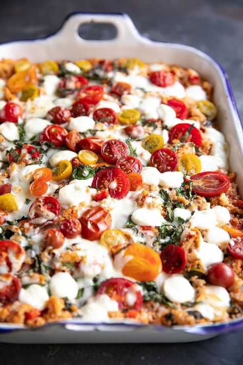 Ground Chicken Tomato Recipes, Ground Chicken Caprese, Gluten Free Main Dishes For A Crowd, Cauliflower And Chicken Recipes, Caprese Chicken Casserole, Caprese Bake, Caprese Casserole, Healthy Chicken Casserole Recipes, Simple Diet Plan