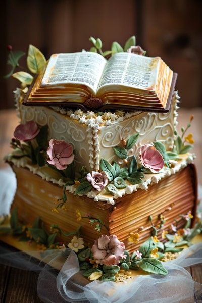 Exotic Christian Themed Dessert Ideas: Beautiful Baking at its Finest Christian Cakes Ideas, Book Theme Cake, Book Cakes Ideas, Books Cake, Book Wedding Cake, Cakes That Look Like Real Things, Christian Birthday Cake, Bible Themed Party, Book Cake Design