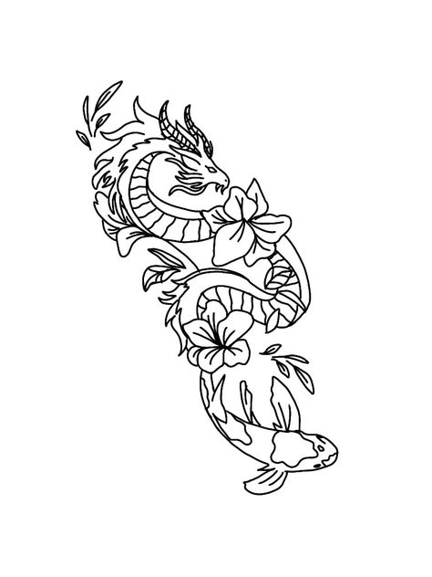 Chinese Traditional Tattoo Design, Dragon And Koi Tattoo, Dragon Flowers Tattoo, Dragon And Fish Tattoo, Simple Dragon Tattoo For Women, Koi Fish Tattoo Outline, Coi Fish Tattoo Line Work, Flower Dragon Drawing, Koi Fish Flower Tattoo