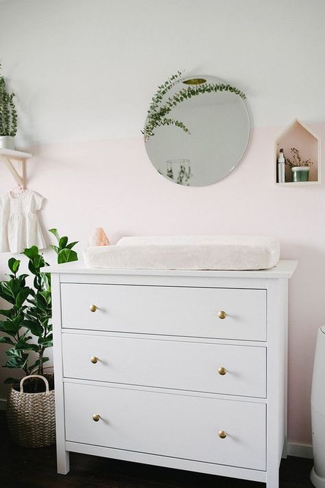 Change knobs on Ikea dresser for changing table Blush girls nursery | Wedding & Party Ideas | 100 Layer Cake Modern Girl Nursery, Baby Room Closet, Changing Tables, Ikea Dresser, Nursery Modern, Boho Deco, Baby Tips, Room Closet