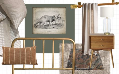 Vintage Boys Bedrooms, Vintage Boys Room, Green Boys Room, Green Bedroom Walls, Vintage Kids Room, Dinosaur Bedroom, Dinosaur Room, Bedroom Reveal, Brass Bed