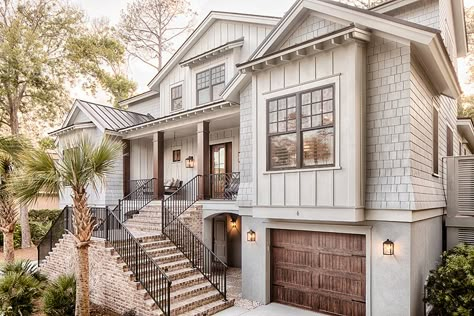 Palmetto Dunes - Brigantine | Randy Jeffcoat Builders Coastal Beach House Exterior Cottage Style, Elevated Beach House Exterior, Raised Homes Exterior, Exposed Rafter Tails, Coastal Home Exterior, Elevated House, Lowcountry Style, Raised House, Lake Houses Exterior