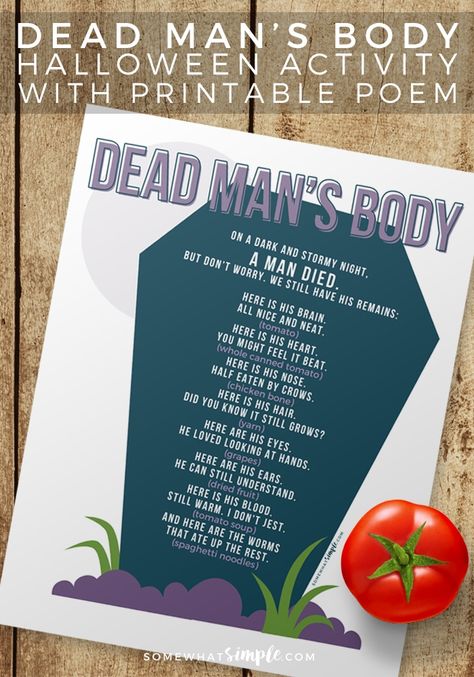 Looking for some fun Halloween Games for Kids? Dead Man's Body is a spooky activity kids LOVE! Fun Halloween Games For Kids, Activity Games For Kids, School Kids Activities, Fun Halloween Games, Halloween Sensory, Halloween Stories, Halloween Games For Kids, Halloween Activity, Spooky Party