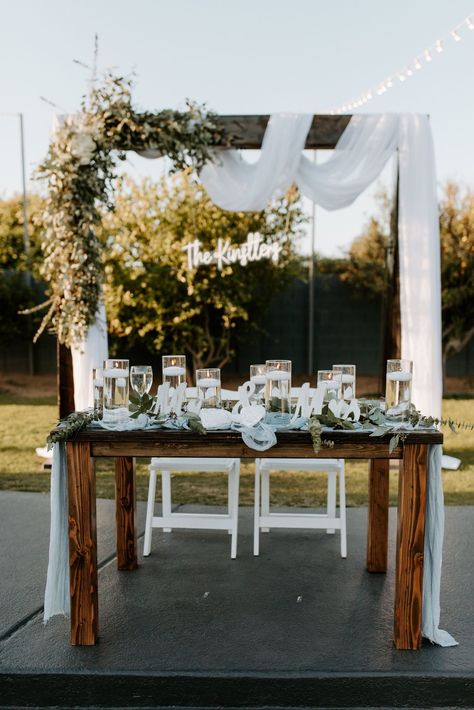 Wooden Sweetheart Table, Rustic Sweetheart Table, Backyard Summer Wedding, Summer Backyard Wedding, Wedding Couple Table, Sweetheart Table Backdrop, Dreamy Backyard, Jasmine Wedding, Outdoor Backdrops