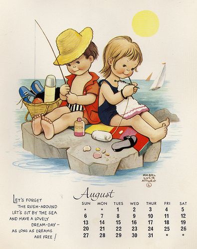 August 1967 | Flickr - Photo Sharing/ Mabel Lucie Attwell Lucy Atwell, Vintage Calendar, Postal Vintage, Holly Hobbie, Illustration Vintage, Classic Cartoons, Beach Time, Childrens Illustrations, Vintage Pictures