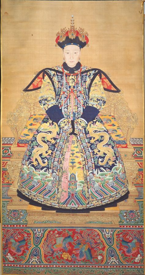 Court painting workshop, Beijing, China Portrait of an empress, possibly Xiaoxianchun, wife of Emperor Qianlong Ink and color on silk 108 1/4 x 51 9/16 inches (275 x 131 cm) Gift of Mrs. Elizabeth Sturgis Hinds, 1956 Peabody Essex Museum, Salem, Massachusetts E33619 Qianlong Emperor, Empress Dowager, Winter Robes, Chinese Emperor, Royal Portraits, Ancient Chinese Art, Ancient Paintings, Italian Painters, Painting Workshop