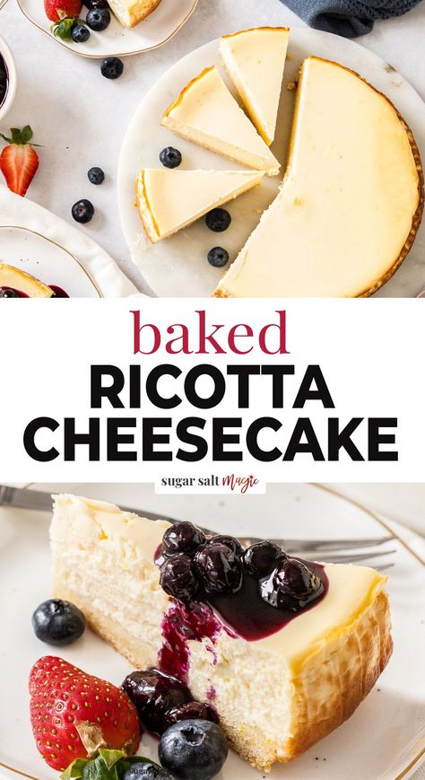 This baked ricotta cheesecake is easy to make and has a lighter flavour than a regular cheesecake. It’s soft, creamy and sweet with the tang of lemon and it’s make ahead friendly, so it’s perfect for a crowd. Amazingly good on it’s own or topped with blueberry sauce and berries, this Italian ricotta cheesecake recipe is made with ricotta and cream cheese, giving it a lighter flavour and texture than your regular cheesecake. It has a pastry base in place of the usual cookie crust.