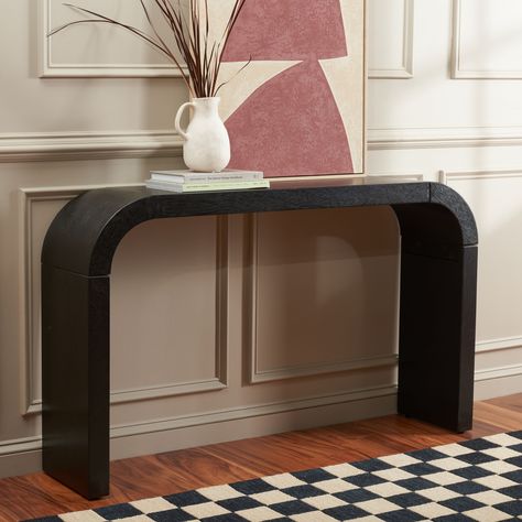 SAFAVIEH Liasonya Curved Console Table - 52" W x 12" D x 31" H - Bed Bath & Beyond - 36978316 Curved Console Table, Sleek Console, Curved Console, Black Console Table, Modern Console, Wood Console Table, Wood Console, Coffee Table Books, Console Tables