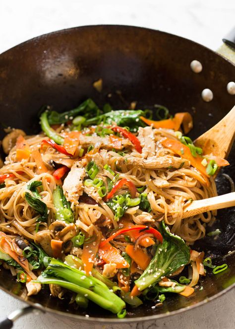 A versatile Chicken Stir Fry with Rice Noodles recipe that's terrific to make using bits and bobs leftover in your fridge and any dried or fresh noodles. Chicken Stir Fry With Rice, Stir Fry With Rice Noodles, Stir Fry With Rice, Rice Noodles Recipe, Chicken Rice Noodles, Rice Noodle Recipes, Rice Noodles Stir Fry, Fried Rice Noodles, Stir Fry Rice