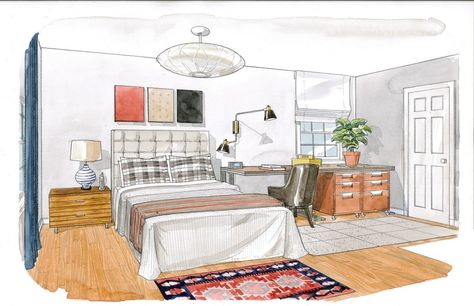 Interior Design Presentation Layout, Bedroom Watercolor, Watercolor Bedroom, Perspective Room, House Design Drawing, Interior Design Renderings, Spring Bedroom, Drawing Interior, Interior Design Drawings