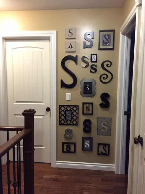 Letter On Wall Decor, Painting Wooden Letters, Letter Wall Decor, Initial Wall, Collage Wall, Letter Wall, Wooden Letters, Initial Letter, Letter S