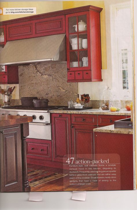 Red cabinets in the kitchen with white and yellow walls. Haven't decided on the countertops yet. Red Kitchen Walls, Red Kitchens, Red Kitchen Cabinets, Farmhouse Kitchen Colors, Kitchen Color Red, Trendy Farmhouse Kitchen, Trendy Kitchen Colors, Red Cabinets, Red Farmhouse