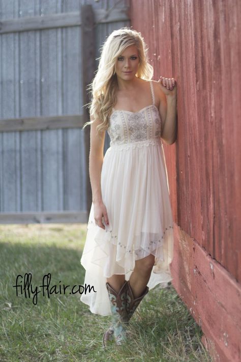 Amazing Grace - High Low - Dresses Open Back Short Wedding Dress, Western Wedding Dresses With Boots High Low, Hi Low Wedding Dress With Boots, Country Wedding Dress With Boots, Cowgirl Prom Dresses, Cowgirl Wedding Dress With Boots, Western Dresses With Boots, Wedding Dresses With Cowboy Boots, Western Style Wedding Dresses