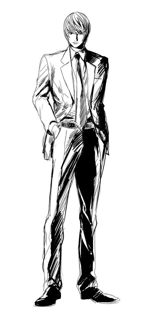 Light Yagami Full Body Picture, Light Yagami Drawing, Surfer Sketch, Light Yagami Manga, Light Reference, Anime Suit, Yagami Light, Anime Decals, Dark Images