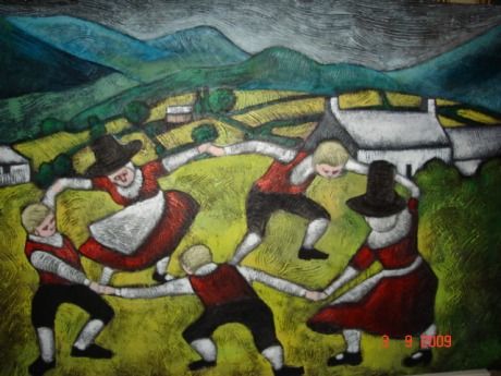 Welsh Folk Art, Irish Dance Drawings, Dancers Painting, Welsh Dragon Art, Welsh Dragon Illustration, Welsh Culture, Welsh Art, Irish Contemporary Art, Learn Welsh