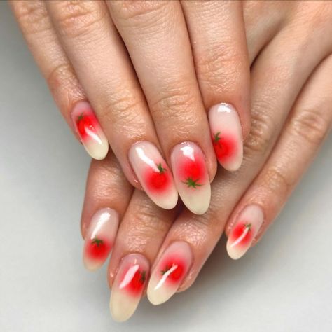 Tomatoes 🍅✨ recreating art by nailmello so simple and dainty, I love these sm 🍅✨ | Instagram Tomato Nails Art, Red Fruit Nails, Cute Nail Color Combos, Tomato Nail Art, Nail Photo Ideas, Tomato Nails, Acrylics Summer, Tomato Party, Lexi Nails