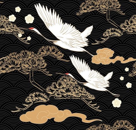 Japanese seamless pattern with crane bir... | Premium Vector #Freepik #vector #background #banner #pattern #flower Japanese Mural Wall Art, Japanese Mural, Flying Heron, Japanese Tiles, Vintage Bird Prints, Bird Mural, Heron Painting, Ceramic Panel, Japanese Tile