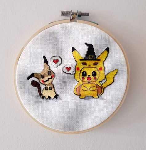 Pikachu And Mimikyu, Pikachu Cross Stitch, Pokemon Cross Stitch Patterns, Pokemon Crossover, Pokemon Cross Stitch, Embroidery Tips, Halloween Cross Stitch Patterns, Beads Design, Hama Beads Design