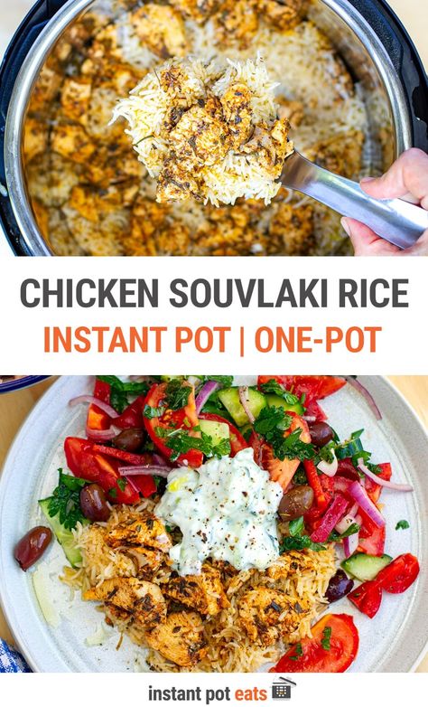 You and your family will fall in love with this recipe for Instant Pot chicken souvlaki rice served with Greek salad and yummy Tzatziki yogurt sauce. Marinated chicken and rice are cooked as a one-pot dish, freeing up your hands to make the salad and the sauce. This amazing Greek dish is full of flavor and color and is nutritious and gluten-free friendly. Make sure to save this to your must-try Instant Pot chicken recipes collection. #instantpot #chickenrecipes Chicken Souvlaki Rice, Souvlaki Chicken, Chicken Souvlaki, Pot Recipes Healthy, Dinner Meal, One Pot Dishes, Greek Dishes, Instant Pot Dinner Recipes, Easy Instant Pot Recipes