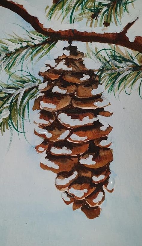 Pine Cone Painting Ideas, Watercolour Pinecone, Cristhmas Drawings, Pine Cone Painting, Watercolor Pinecone, Pinecone Painting, Pine Cone Drawing, Painted Christmas Cards, Winter Watercolor