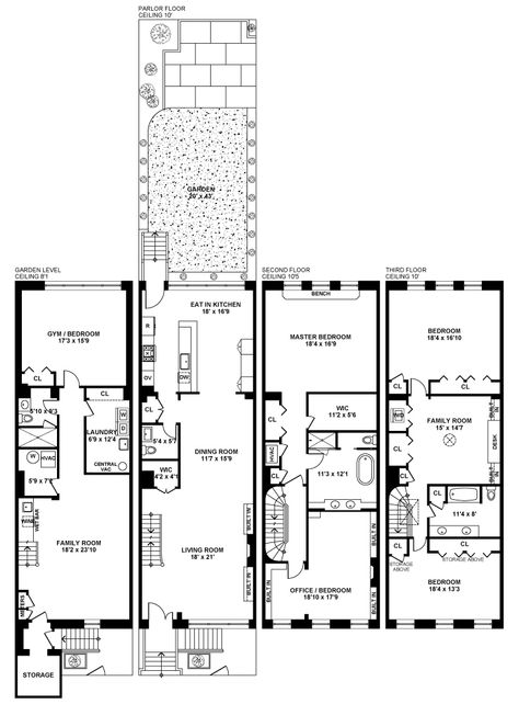 Nyc Townhouse Floor Plan, New York Brownstone Floor Plan, Mixed Use Building Floor Plan, Warehouse Living Floor Plans, London Townhouse Floorplan, Townhouses Floor Plan, Brownstone Interiors, Brownstone Homes, New York Brownstone