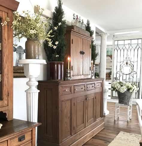 Deb And Danielle, Styling Antiques, New Build Ideas, Winchester House, Antique Shelves, Instagram Friends, Farmhouse Vintage, Moving Furniture, Green Cabinets