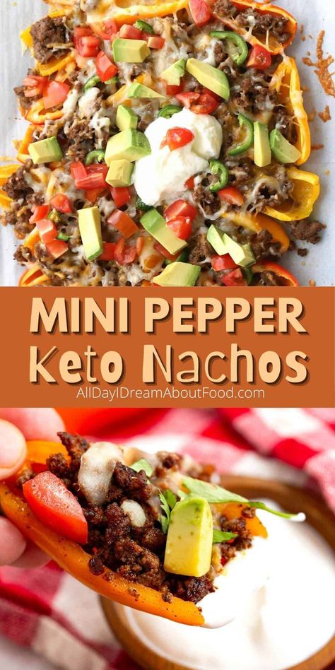 Who says nachos have to be made with tortilla chips? Mini peppers are great alternative for your keto nachos. Delicious, easy, and kid-friendly! Mini Pepper Nachos, Keto Nachos, Pepper Nachos, Nacho Toppings, Mini Peppers, Nachos Recipe Easy, Desayuno Keto, Desserts Keto, Low Carb Low Fat Recipes