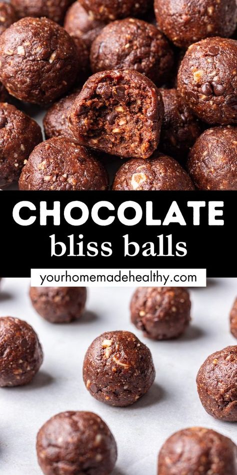 Chocolate bliss balls stacked on each other. One with a bite taken out. Chocolate Bliss Balls Healthy, Gluten Free Bliss Balls, Easy Bliss Balls, Healthy Chocolate Balls, Chocolate Bliss Balls, Healthy Chocolate Snacks Easy, Bliss Balls Recipe, Chocolate Healthy Snacks, Chocolate Oat Balls