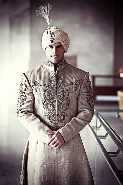 this is SURELY going on my eye-candy board...Sherwani by Yatin Gandhi, via Behance Sherwani For Groom, Indian Groom Wear, Sherwani Groom, Wedding Sherwani, Indian Men Fashion, Indian Groom, Indian Man, Groom Wear, Groom Outfit