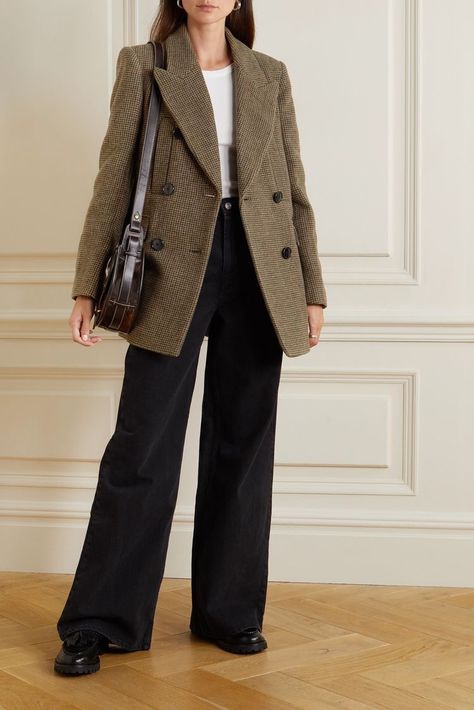 Wool Blazer Outfit Women, Double Breasted Blazer Outfit Women, Check Blazer Outfit, Brown Blazer Outfit, Isabel Marant Style, Blazer Outfits For Women, Corporate Fashion, Chic Coat, Blazer Outfit