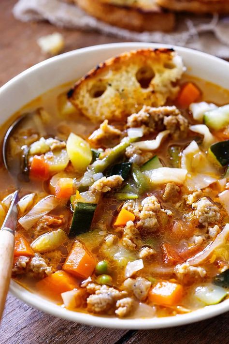 Minestrone Soup With Sausage Minestrone Soup With Sausage, Ground Italian Sausage Recipes, Ground Sausage Recipes, Baked Ziti With Sausage, Ground Turkey Soup, Soup With Sausage, Family Dinner Night, Menu Recipes, John Scott