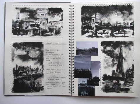 Experimental page, a series of observations in the style of John Virtue.   Materials: Pen, Acrylic Paint. John Virtue, Artist Research Page, Urban Landscapes, Sketchbook Ideas, Gcse Art, Visual Diary, Art Pages, Artist Books, Urban Landscape