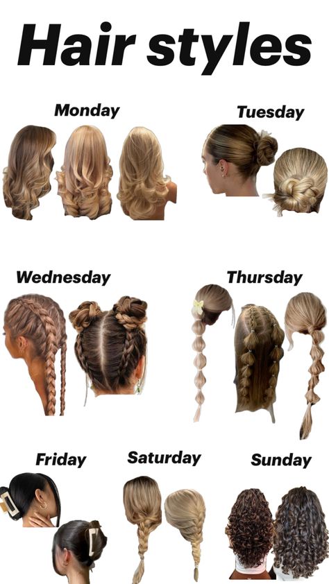 How Should I Style My Hair Today Chart, Hair For The Week School, Haïr Style For Thick Long Hair, Cute Easy Hairstyles For Long Thick Curly Hair, How To Keep Ur Hair Straight All Day, Hairstyles For Every Day Of The Week, Hairstyles For Days Of The Week, Cute Easy Casual Hairstyles, Easy Hairstyles For Medium Hair School