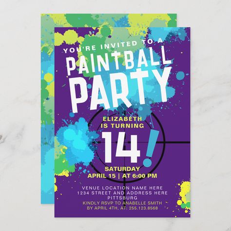 Cool Colorful Invitation with paint splatters, perfect for a Paintball Birthday Party.
Invite guests to your birthday with this modern invitation with vivid color splatters on a dark purple background.
You can personalize it and change the entire text with your own. Paintball Birthday Party, Paintball Birthday, Paintball Party, Dark Purple Background, Colorful Invitations, Paintball, 13th Birthday, Modern Invitation, Paint Splatter