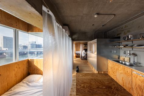 Gallery of C/steel Apartment / Yutarou Ohta - 3 Painting Concrete Walls, Tokyo Apartment, House Tokyo, Small Curtains, Plastic Curtains, Micro Apartment, Plywood Cabinets, Peaceful Home, Simple Interior