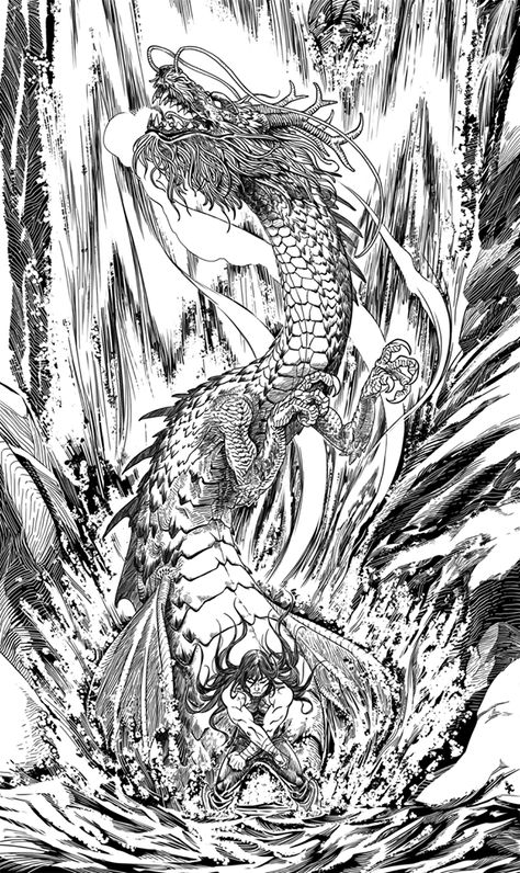 Dragon Shiryu Japan Artwork, Kakashi Drawing, Dragon Manga, Black And White Comics, Western Comics, Dragon Images, Water Dragon, Fantasy Images, Anime Heaven