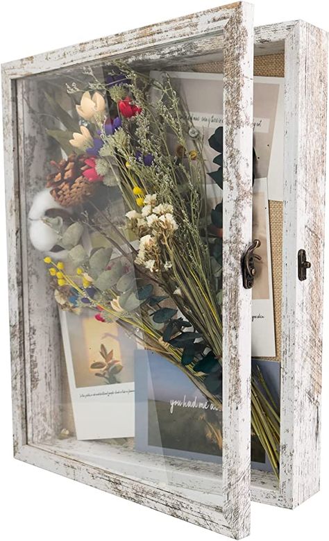 Amazon.com - GraduationMall 11x14 Shadow Box Frame Solid Wood Glass Door Display Case with Linen Back and 6 Stick Pins,1.5 inches Interior Depth,Ideal for Memorabilia Pictures Flowers Medals Tickets - Shadow Box Graduation, Wood Glass Door, Pictures Flowers, Shadow Box Display Case, Door Display, Door Displays, Wood Shadow Box, Rustic White, Stick Pins