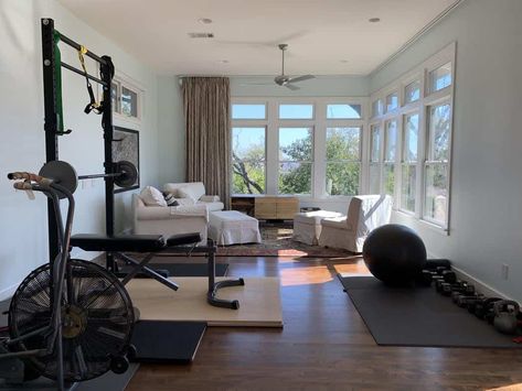 8 Awesome DIY Reader Home Gyms To Inspire You... And Us! - Emily Henderson Home Gym And Living Room Combo, Gym Living Room Combo, Gym Guest Room Combo, Living Room Gym Combo, Gym In Living Room, Office And Gym Combo Small Spaces, Home Gym Guest Room Combo, Gym And Guest Room Combo, Gym Guest Room